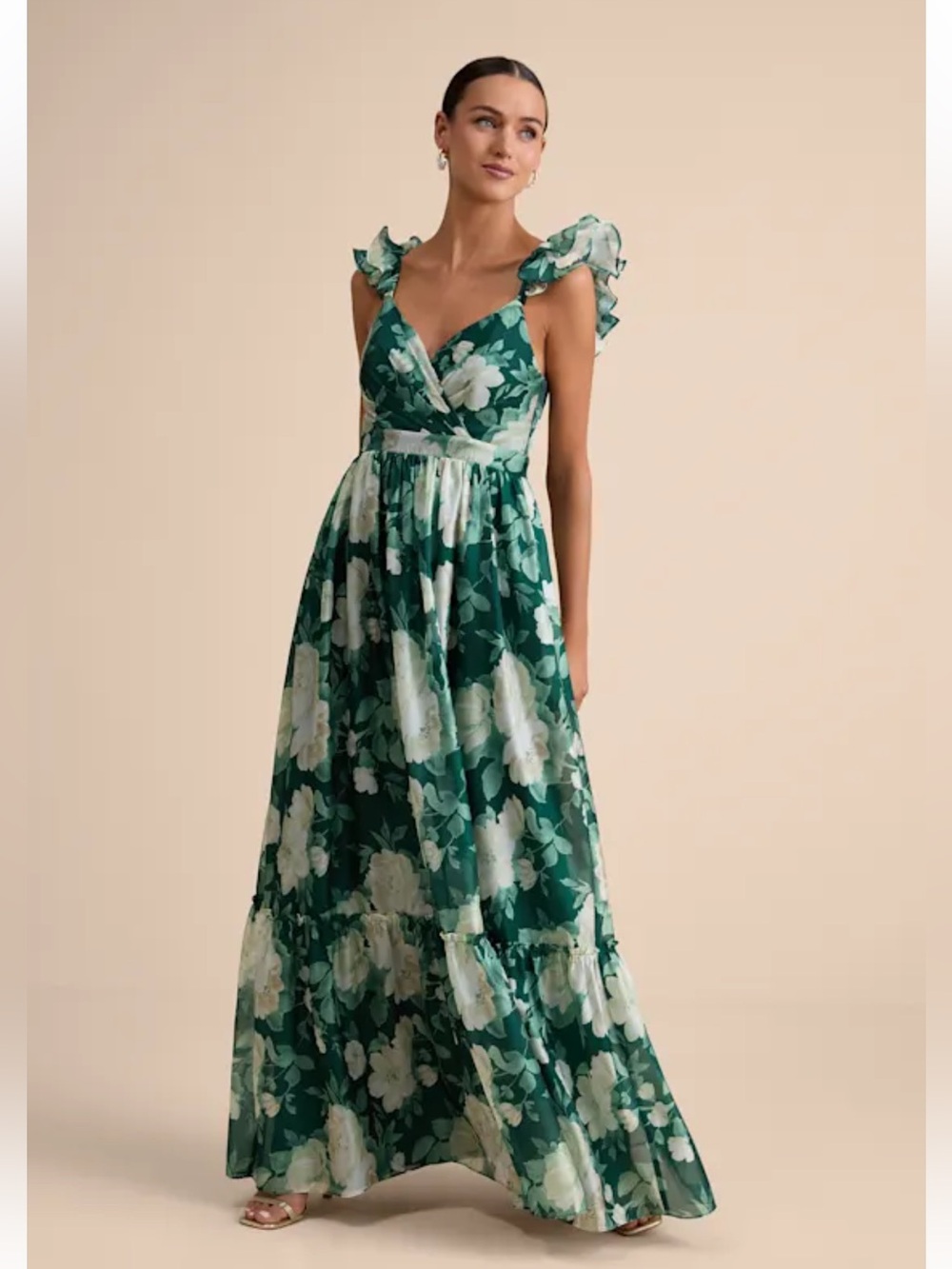 Lulus Floral Maxi Dress Green White Ruffle Strap Empire Waist Size L NWT - Picture 3 of 13